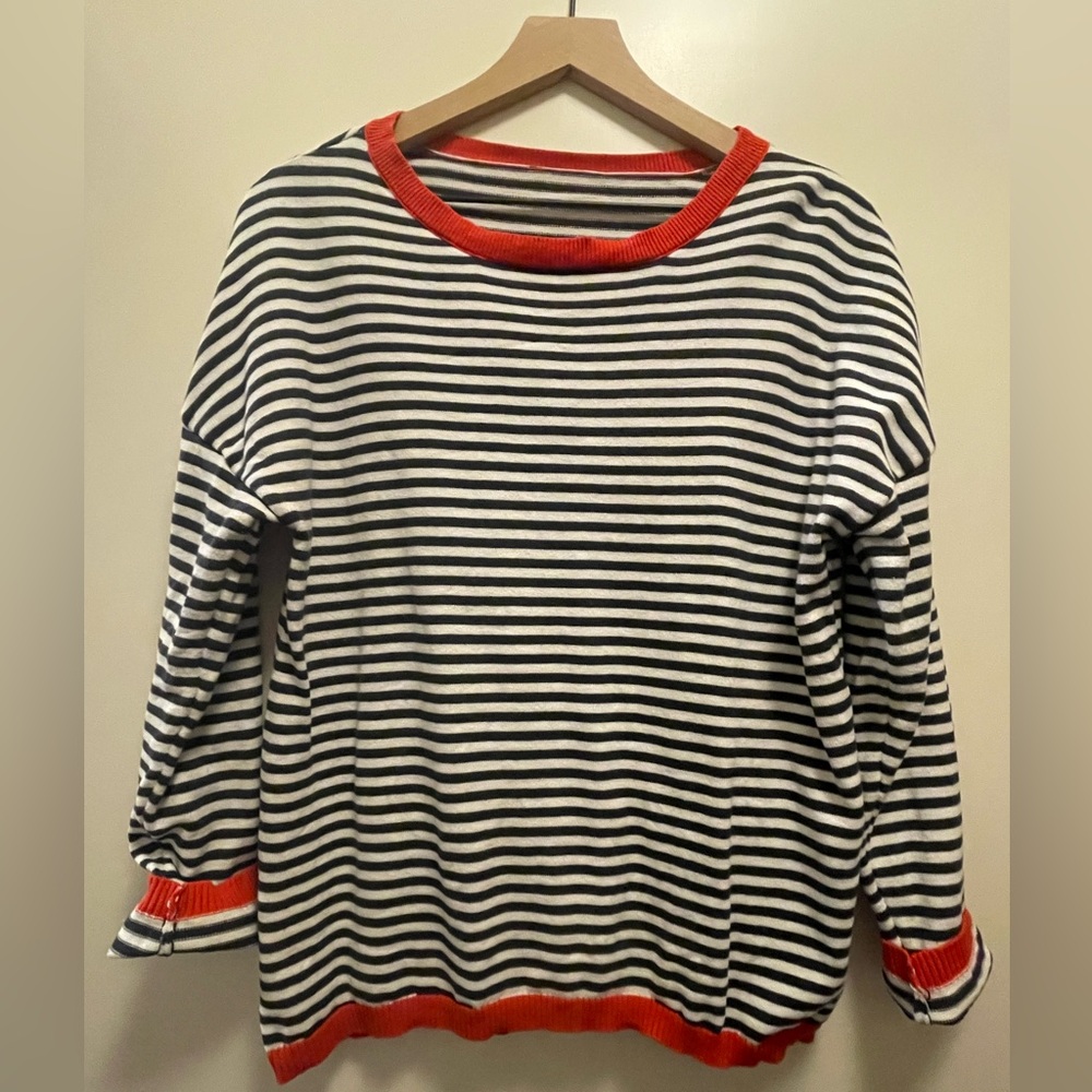 Striped Navy and White Sweater with Red Accents